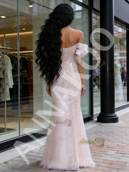 Shop 2026 ANNAKOO Off The Shoulder Pearls Tulle Pink Trumpet Mermaid Prom Dress Under 189
