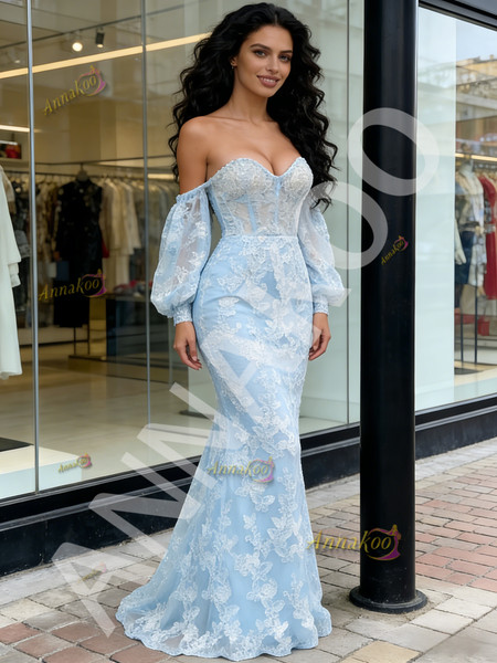 Shop 2026 ANNAKOO Lace Trumpet Mermaid Sweetheart Long Sleeves Blue Prom Dress Under 189