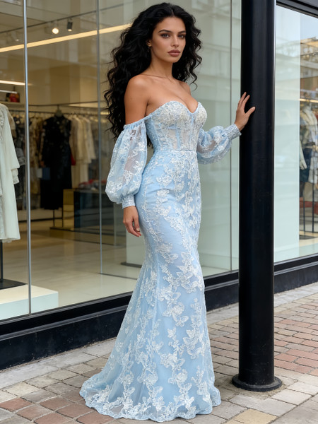 Shop 2026 ANNAKOO Lace Trumpet Mermaid Sweetheart Long Sleeves Blue Prom Dress Under 189