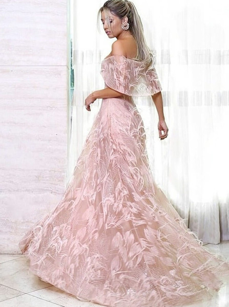  Pink Lace A-Line Off-the-Shoulder Prom Dress with Feather