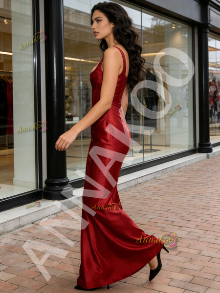 Shop 2026 ANNAKOO Burgundy V Neck Satin Trumpet Mermaid Prom Dress Under 139