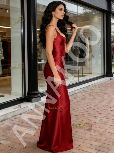Shop 2026 ANNAKOO Burgundy V Neck Satin Trumpet Mermaid Prom Dress Under 139