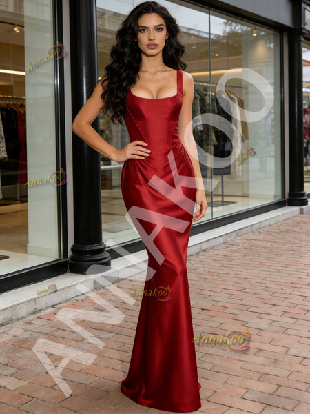 Shop 2026 ANNAKOO Burgundy V Neck Satin Trumpet Mermaid Prom Dress Under 139
