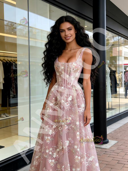 Shop 2026 ANNAKOO A Line Pink Flower Tulle V Neck Sleeveless Prom Dress Under 189