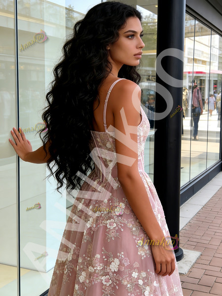 Shop 2026 ANNAKOO A Line Pink Flower Tulle V Neck Sleeveless Prom Dress Under 189