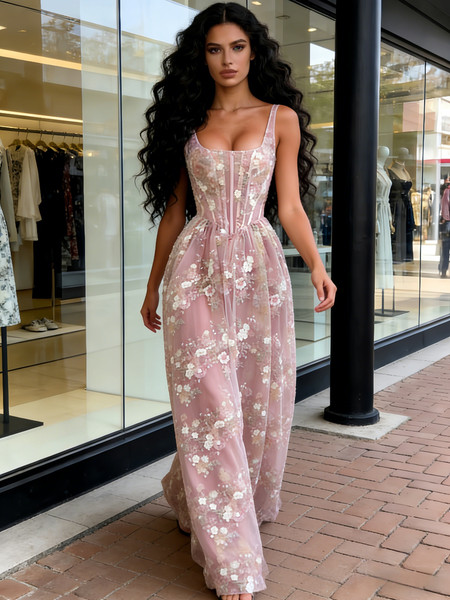 Shop 2026 ANNAKOO A Line Pink Flower Tulle V Neck Sleeveless Prom Dress Under 189