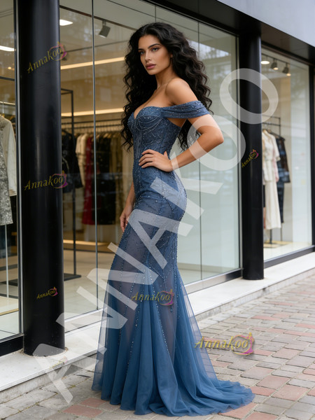 Shop 2026 ANNAKOO Off The Shoulder Beading Tulle Trumpet Mermaid Prom Dress Under 229