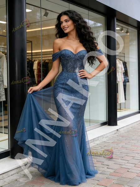 Shop 2026 ANNAKOO Off The Shoulder Beading Tulle Trumpet Mermaid Prom Dress Under 229