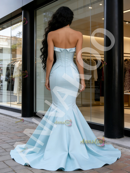 Shop 2026 ANNAKOO Light Blue Satin Trumpet Mermaid Ruffles Strapless Prom Dress Under 169