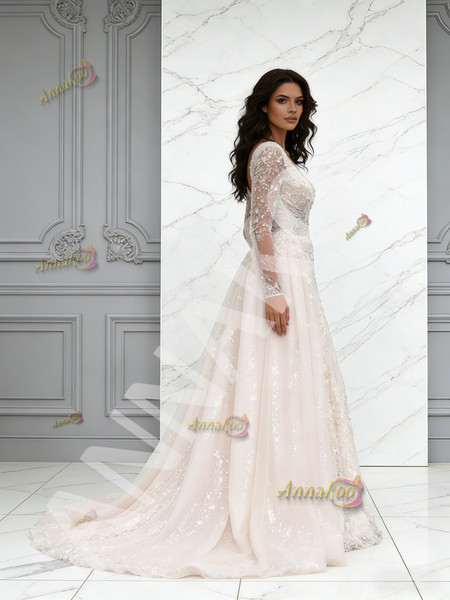 Shop 2026 ANNAKOO V Neck Beading Champagne Tulle Long Sleeves A Line Wedding Dress Under 289