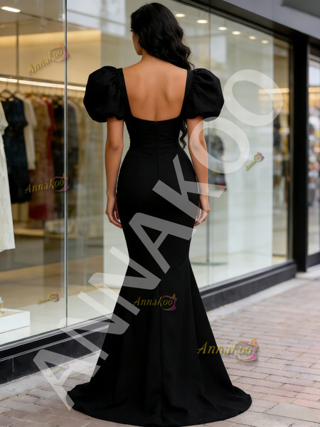 Shop 2026 ANNAKOO Puffy Sleeve Sweetheart Satin Trumpet Mermaid Black Prom Dress  Under 149