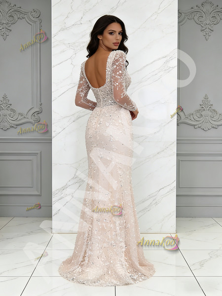 Shop 2026 ANNAKOO Long Sleeve Trumpet Mermaid Beading V Neck Champagne Wedding Dress Under 259