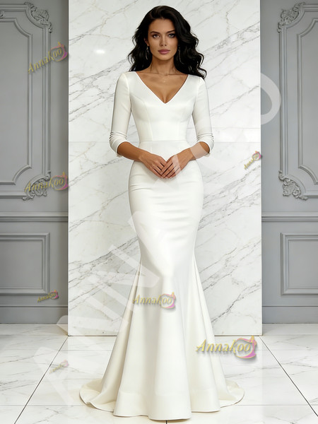 Shop 2026 ANNAKOO V Neck Satin Trumpet Mermaid Ivory Half Sleeve Wedding Dress Under 189