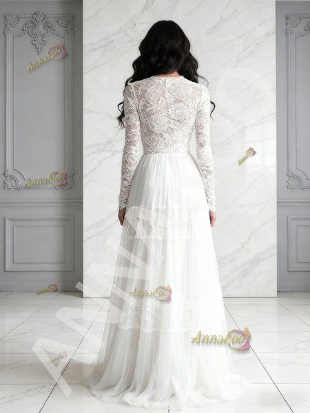 Shop 2026 ANNAKOO White Tulle Lace Scoop Long Sleeve A Line Wedding Dress Under 199