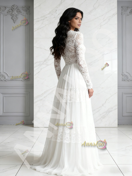 Shop 2026 ANNAKOO White Tulle Lace Scoop Long Sleeve A Line Wedding Dress Under 199