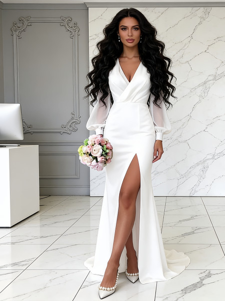 Shop 2026 ANNAKOO Chiffon Long Sleeves V Neck Ruched White Wedding Dress With Slit Under 179