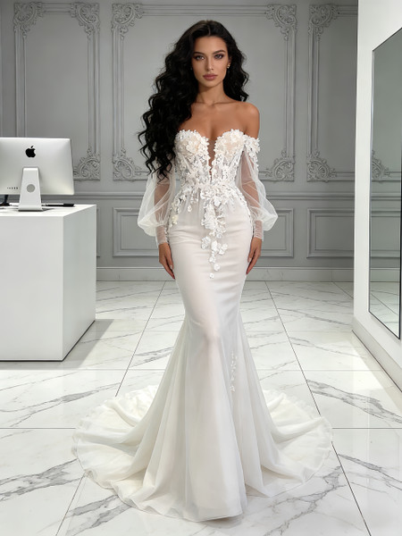 Shop 2026 ANNAKOO Off The Shoulder Long Sleeve Trumpet Mermaid Wedding Dress Under 189