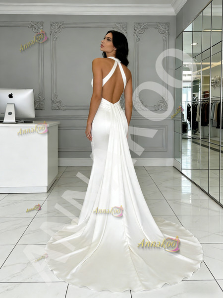 Shop 2026 ANNAKOO Halter V Neck Trumpet Mermaid Satin White Wedding Dress With Train Under 189