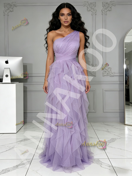 Shop 2026 ANNAKOO Purple One Shoulder Tulle Sparkle Ruffles A Line Prom Dress Under 179