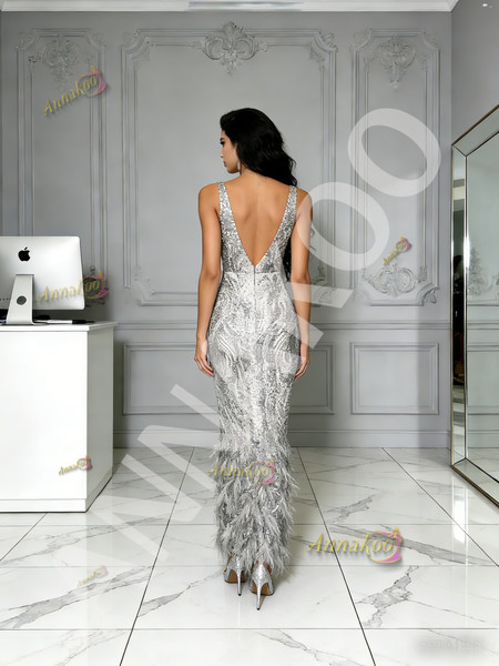 Shop 2026 ANNAKOO V Neck Sheath Column Silver Feather Ankle Length Prom Dress Under 289