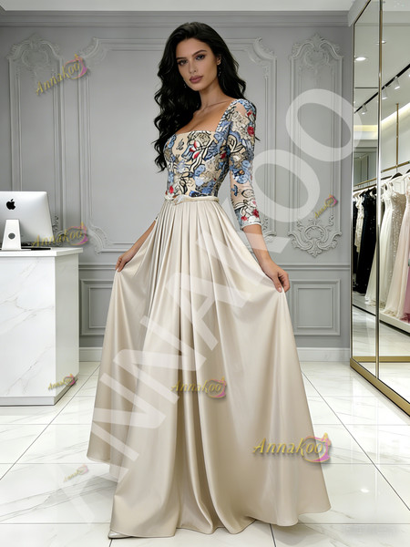 Shop 2026 ANNAKOO Long Sleeve Lace Square A Line Satin Prom Dress Under 249