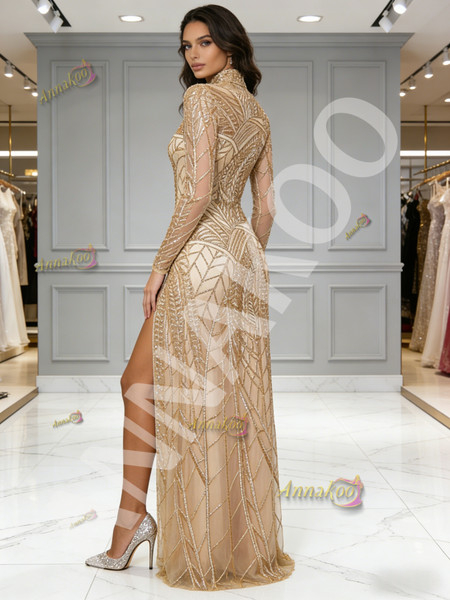 Shop 2026 ANNAKOO High Neck Long Sleeve Gold Sequin Tulle Prom Dress With Slit Under 289