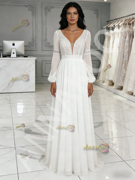 Shop 2026 ANNAKOO Boho Long Sleeve A Line Chiffon Beach Wedding Dress Under 199