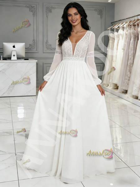 Shop 2026 ANNAKOO Boho Long Sleeve A Line Chiffon Beach Wedding Dress Under 199