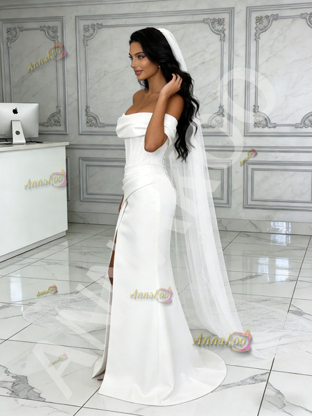 Shop 2026 ANNAKOO Off The Shoulder Trumpet Mermaid Satin Ruched Wedding Dress With Slit Under 189