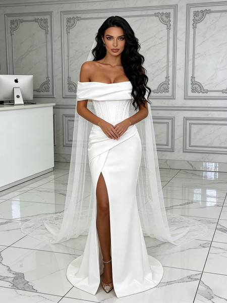 Shop 2026 ANNAKOO Off The Shoulder Trumpet Mermaid Satin Ruched Wedding Dress With Slit Under 189