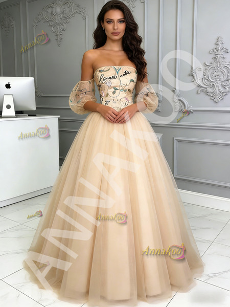 Shop 2026 ANNAKOO Lace Floral Champagne Tulle Ball Gown Puffy Sleeves Prom Dress Under 249