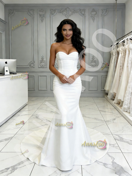 Shop 2026 ANNAKOO Sweetheart Ruched Satin Trumpet Mermaid White Wedding Dress Under 189