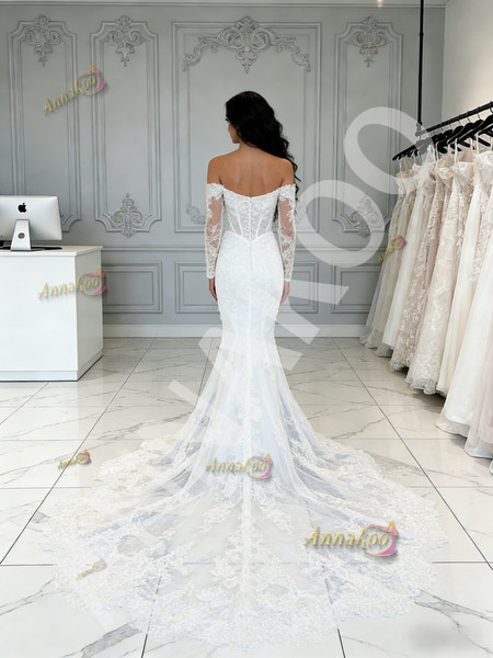 Shop 2026 ANNAKOO Off The Shoulder Tulle Trumpet Mermaid Lace Long Sleeve Wedding Dress Under 259