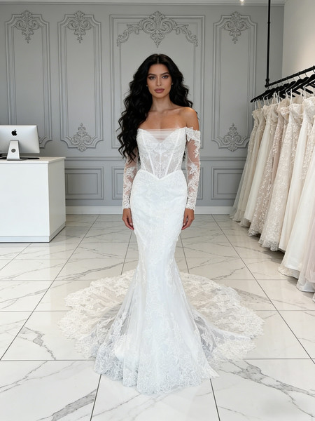 Shop 2026 ANNAKOO Off The Shoulder Tulle Trumpet Mermaid Lace Long Sleeve Wedding Dress Under 259