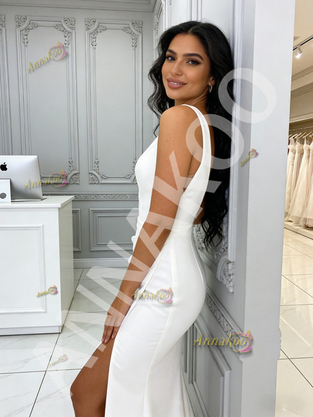 Shop 2026 ANNAKOO  V Neck Trumpet Mermaid Satin Wedding Dress WIth Slit Under 189
