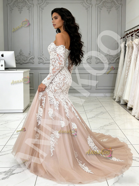 Shop 2026 ANNAKOO Champagne Tulle Long Sleeve Trumpet Mermaid Wedding Dress Under 259