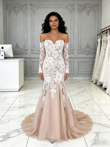 Shop 2026 ANNAKOO Champagne Tulle Long Sleeve Trumpet Mermaid Wedding Dress Under 259