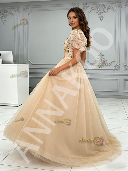 Shop 2026 ANNAKOO Puffy Sleeve V Neck Lace Embroidery A Line Prom Dress Under 249