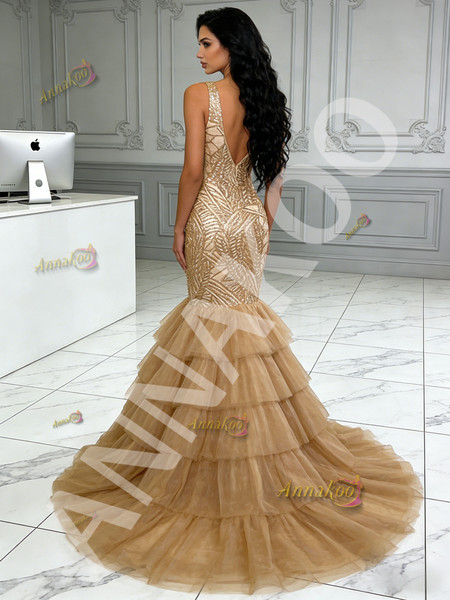 Shop 2026 ANNAKOO V Neck Sequin Sparkle Tulle Layers Trumpet Mermaid Prom Dress Under  289