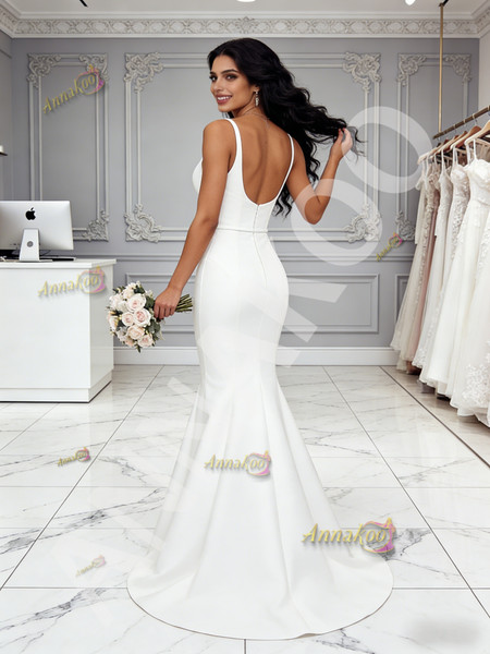 Shop 2026 ANNAKOO V Neck Trumpet Mermaid Satin White Sheer Wedding Dress Under 179