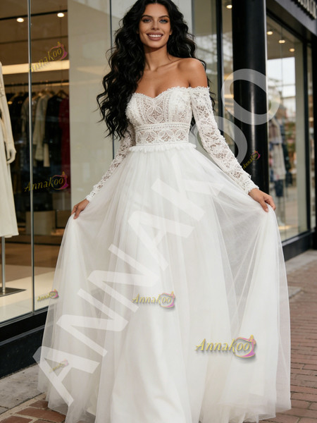 Shop 2026 ANNAKOO Off The Shoulder Lace Long Sleeve Tulle Beach Wedding Dress Under 189