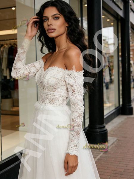 Shop 2026 ANNAKOO Off The Shoulder Lace Long Sleeve Tulle Beach Wedding Dress Under 189