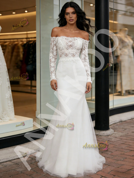 Shop 2026 ANNAKOO Off The Shoulder Long Sleeve Lace Trumpet Mermaid Tulle Wedding Dress Under 189