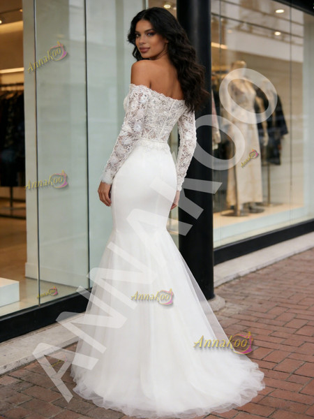 Shop 2026 ANNAKOO Off The Shoulder Long Sleeve Lace Trumpet Mermaid Tulle Wedding Dress Under 189