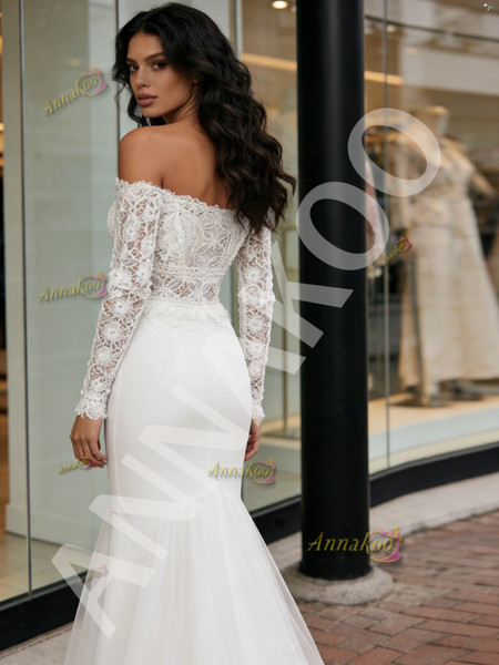 Shop 2026 ANNAKOO Off The Shoulder Long Sleeve Lace Trumpet Mermaid Tulle Wedding Dress Under 189