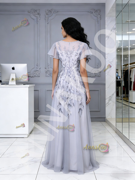 Shop 2026 ANNAKOO Gray Scoop Beading Cap Sleeve A Ling Appliques Tulle Prom Dress Under 199
