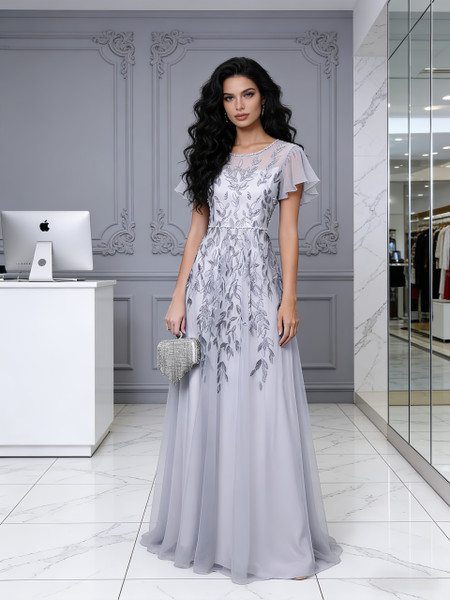 Shop 2026 ANNAKOO Gray Scoop Beading Cap Sleeve A Ling Appliques Tulle Prom Dress Under 199
