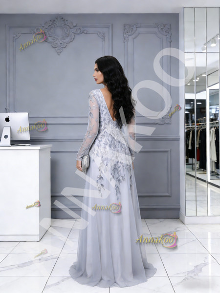 Shop 2026 ANNAKOO Long Sleeve A Line V Neck Gray Appliques Prom Dress Under 189