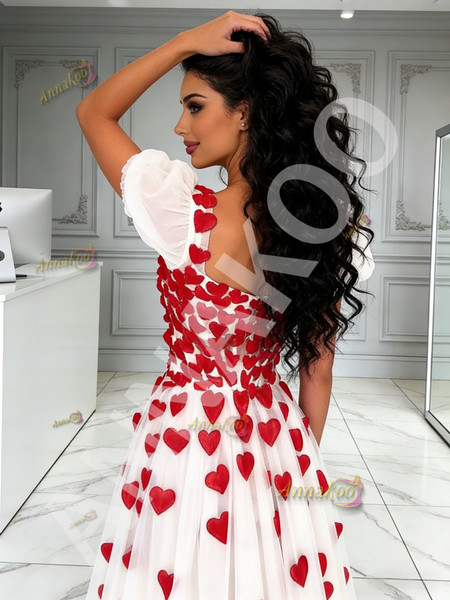 Shop 2026 ANNAKOO Red Heart Square Tulle Puffy Sleeve A Line Prom Dress Under 199