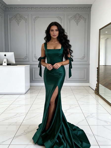 Shop 2026 ANNAKOO Dark Green Satin Trumpet Mermaid Tie Shoulder Prom Dress With Slit Under 139